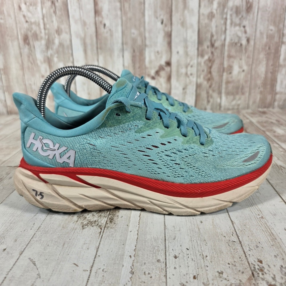 Hoka One One Clifton 8 Womens 7.5 Running Shoes Aquarelle Blue Red 1119394 AEBL